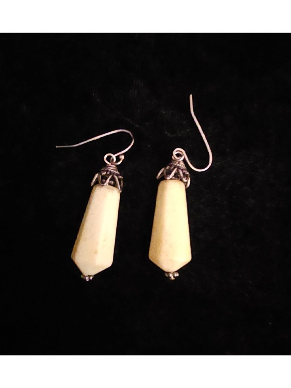 Vintage Dangle Earrings With Hexagonal Ivory-Colored Beads & Ornate Silver-Tone